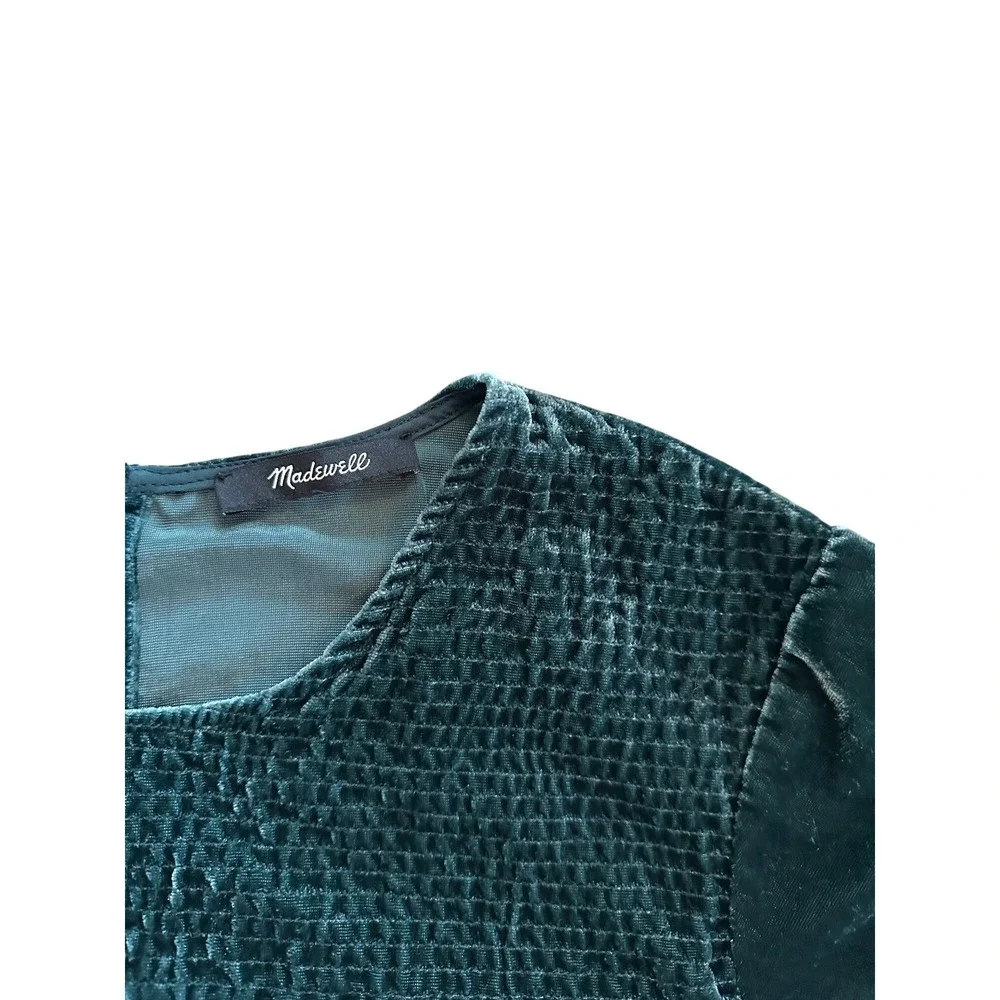 Madewell Smocked‎ Velvet Peplum Top Dark Green Emerald Puff Sleeve Blouse M